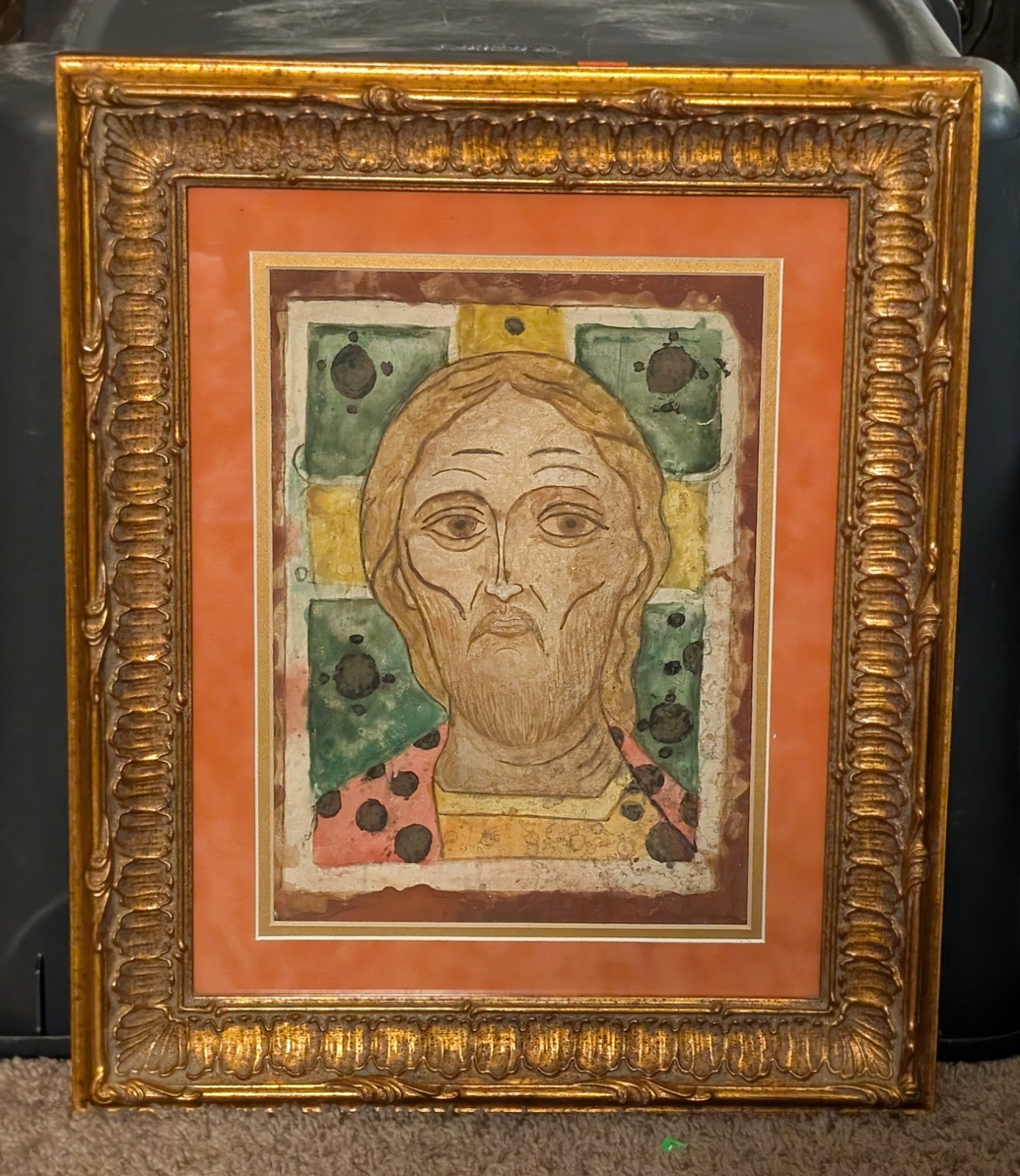 Vintage Jesus Christ Portrait Folk Art Icon 14¾”x16¾” Framed Watercolor Painting