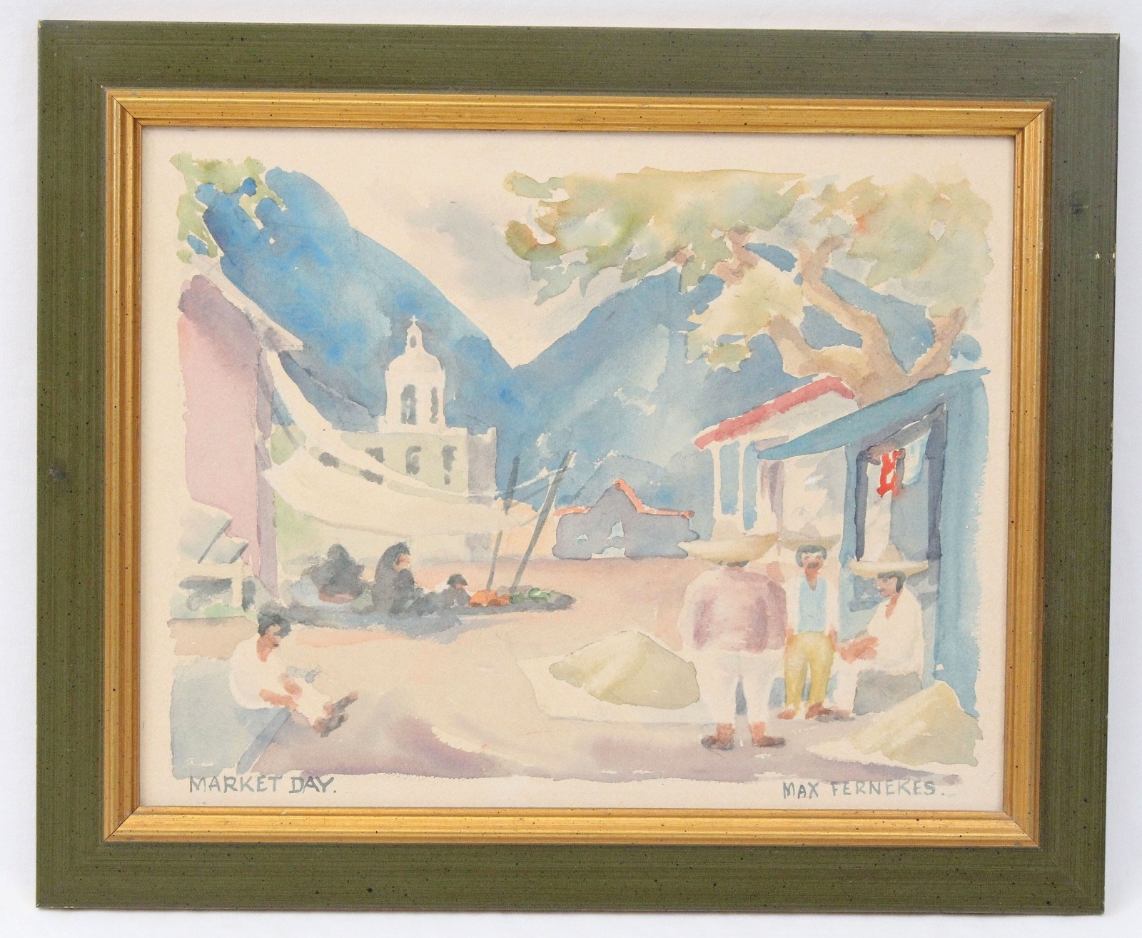 Max Fernekes Original Watercolor Painting Mexican Village Square Market Day