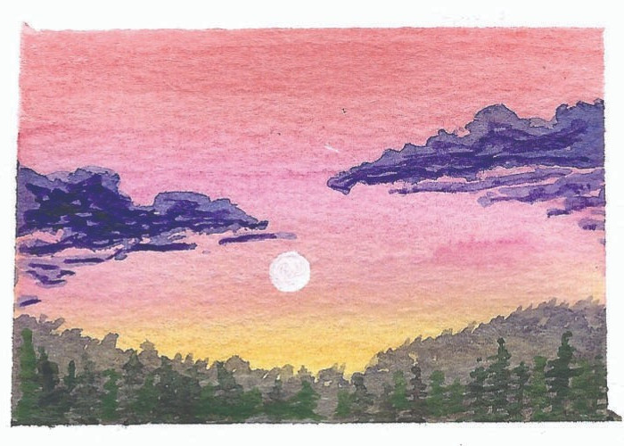 Original ACEO Watercolor 2.5 x 3.5, Signed, title: Mountain Morning