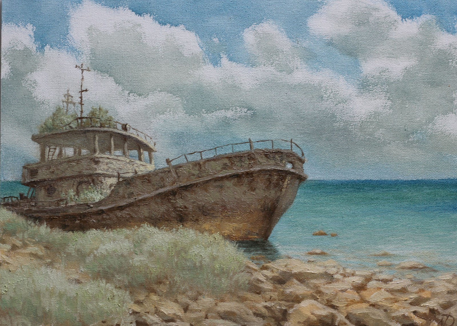 Original Oil Painting Abandoned Ship Sailboat Sky Sea Art Ocean Seascape Beach