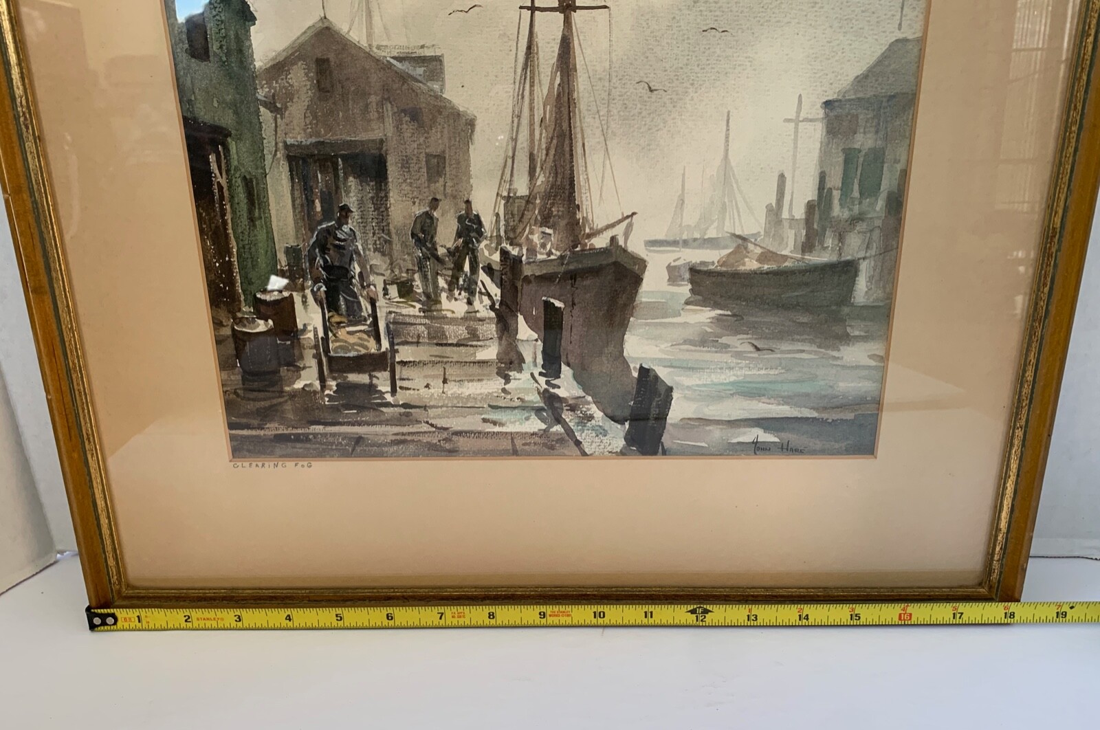 Signed JOHN(Cuthbert) HARE Watercolor PAINTING Titled ‘CLEARING FOG’ Dock/HARBOR