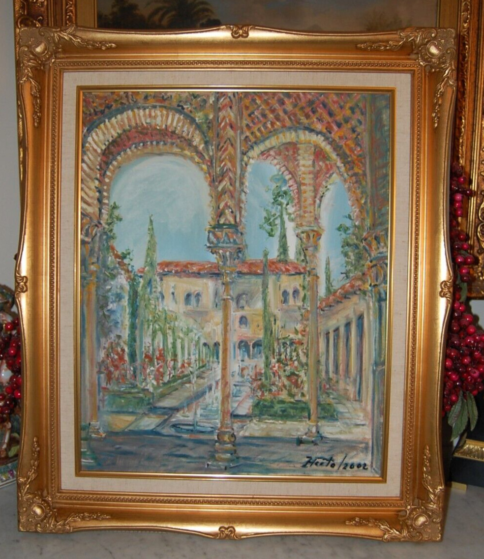 FRAMED ORIGINAL OIL GENERALIFE GARDENS THE ALHAMBRA SPAIN ARTIST: HECTO VIDAL