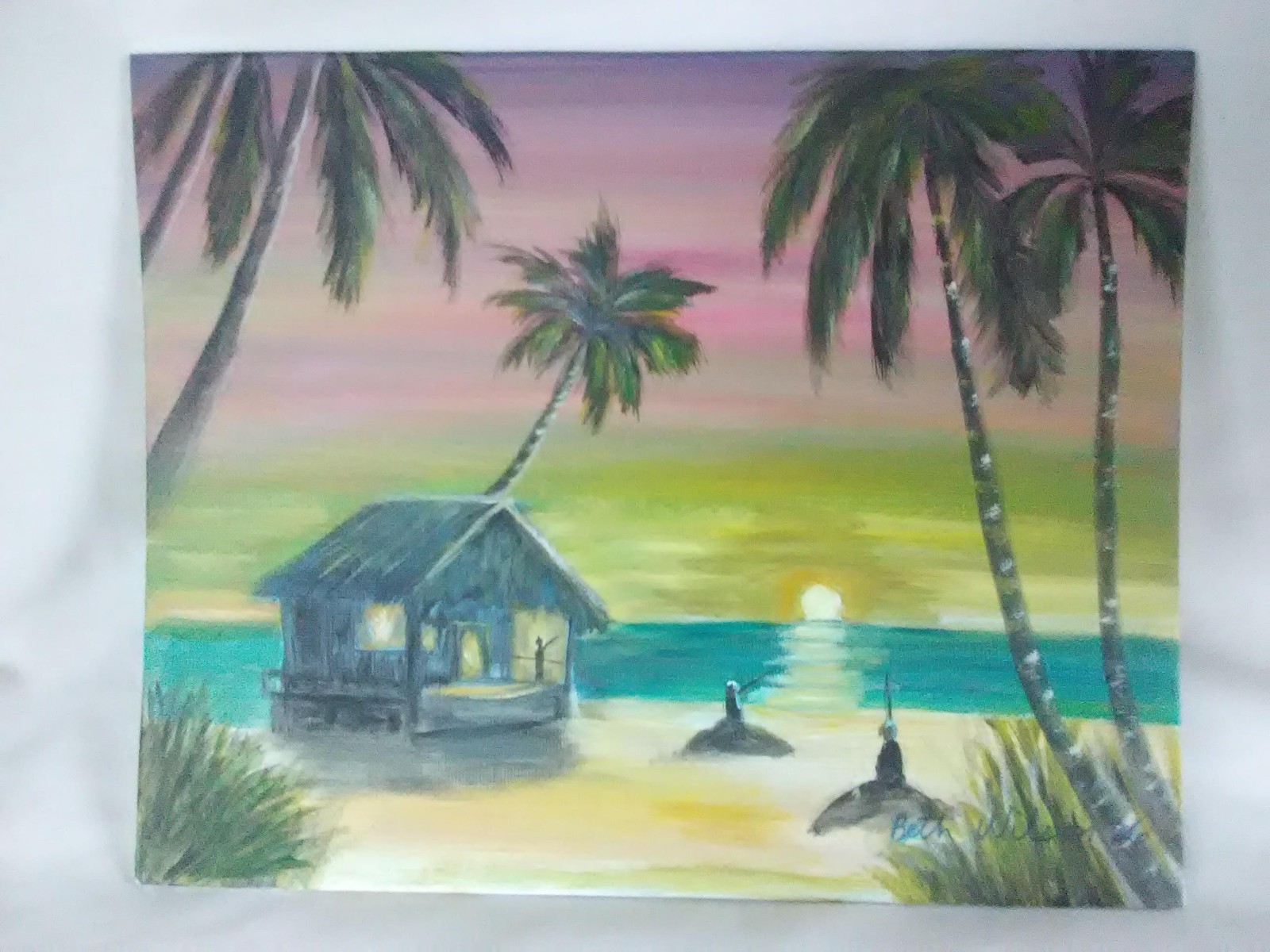 Original Art Hand Painting Coastal Seaside Night Fishing Wall Art Decor
