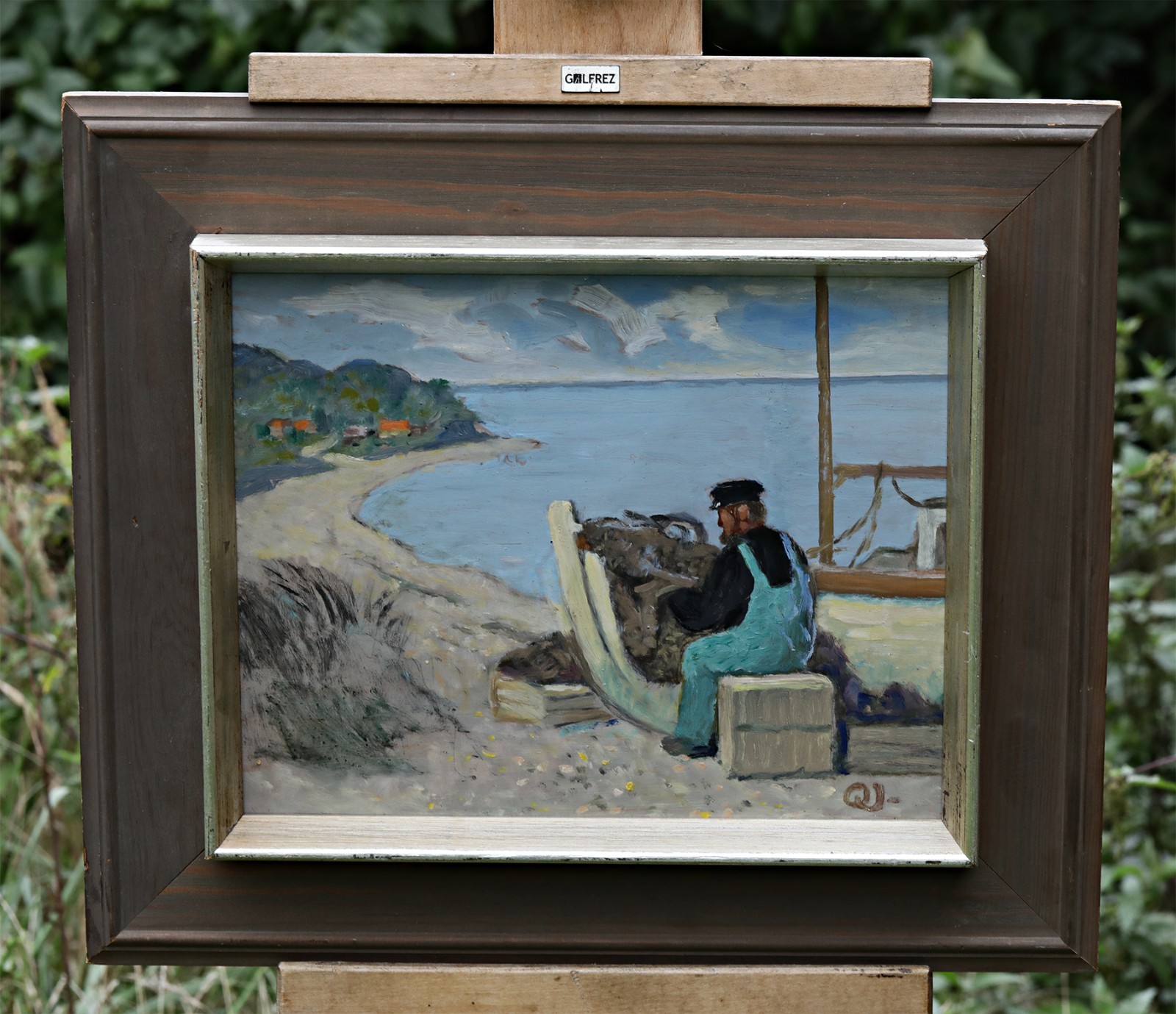 Olaf Juhl (1907) Oil Painting Fisherman Repairing Nets Coastal Marine Scene