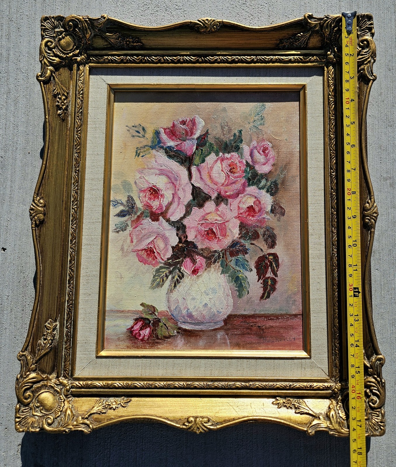Vintage Floral Still Life OIL PAINTING Pink Roses SIGNED Ornate Gold Gilt FRAMED