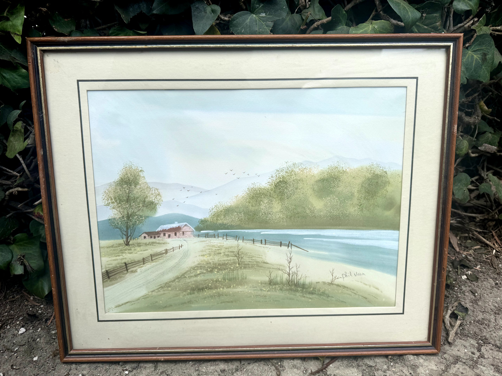 Vintage Watercolor Painting Phil Mann Signed Framed Glass Landscape Farm 21″x17″