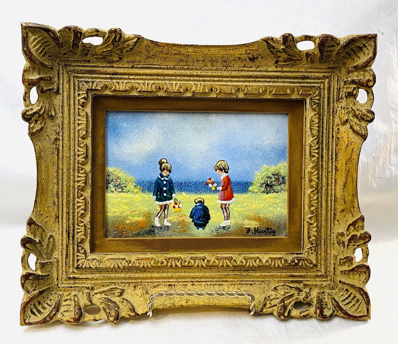 Original Jack Prager Enamel On Copper Painting Framed Children at Play with Bear