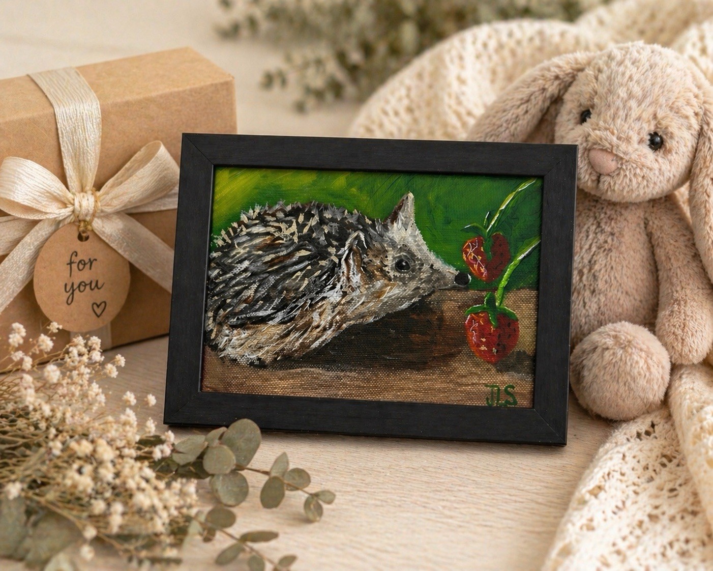 Hedgehog & Strawberries Painting Framed 5×7 Woodland Animal Art, Decor