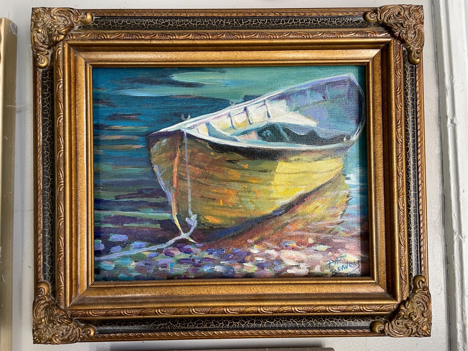 Original oil on canvas painting in gilded frame 17″x20″ Yellow Row Boat