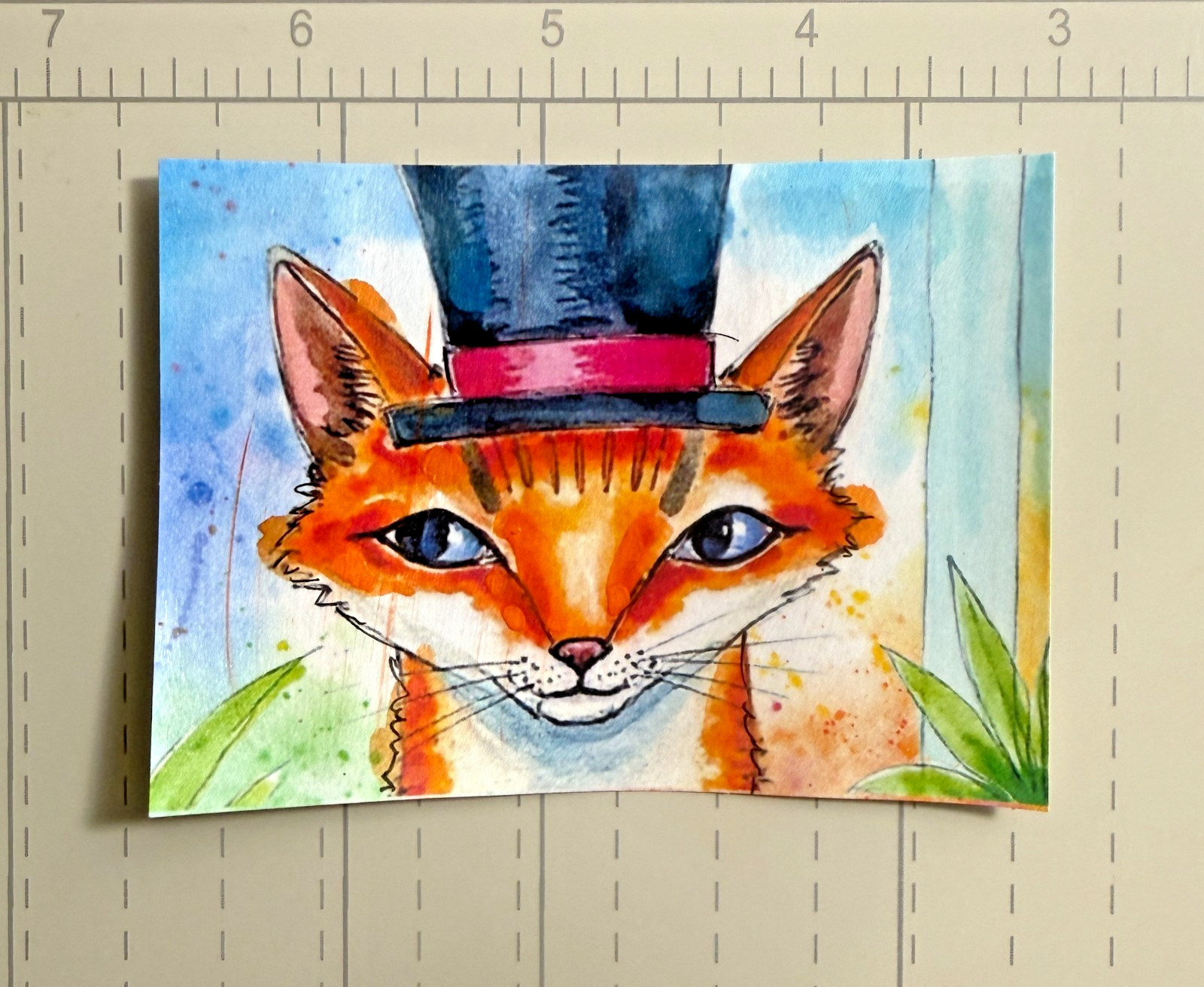 Original Fox ACEO Watercolor Painting Top Hat OOAK Mini Art