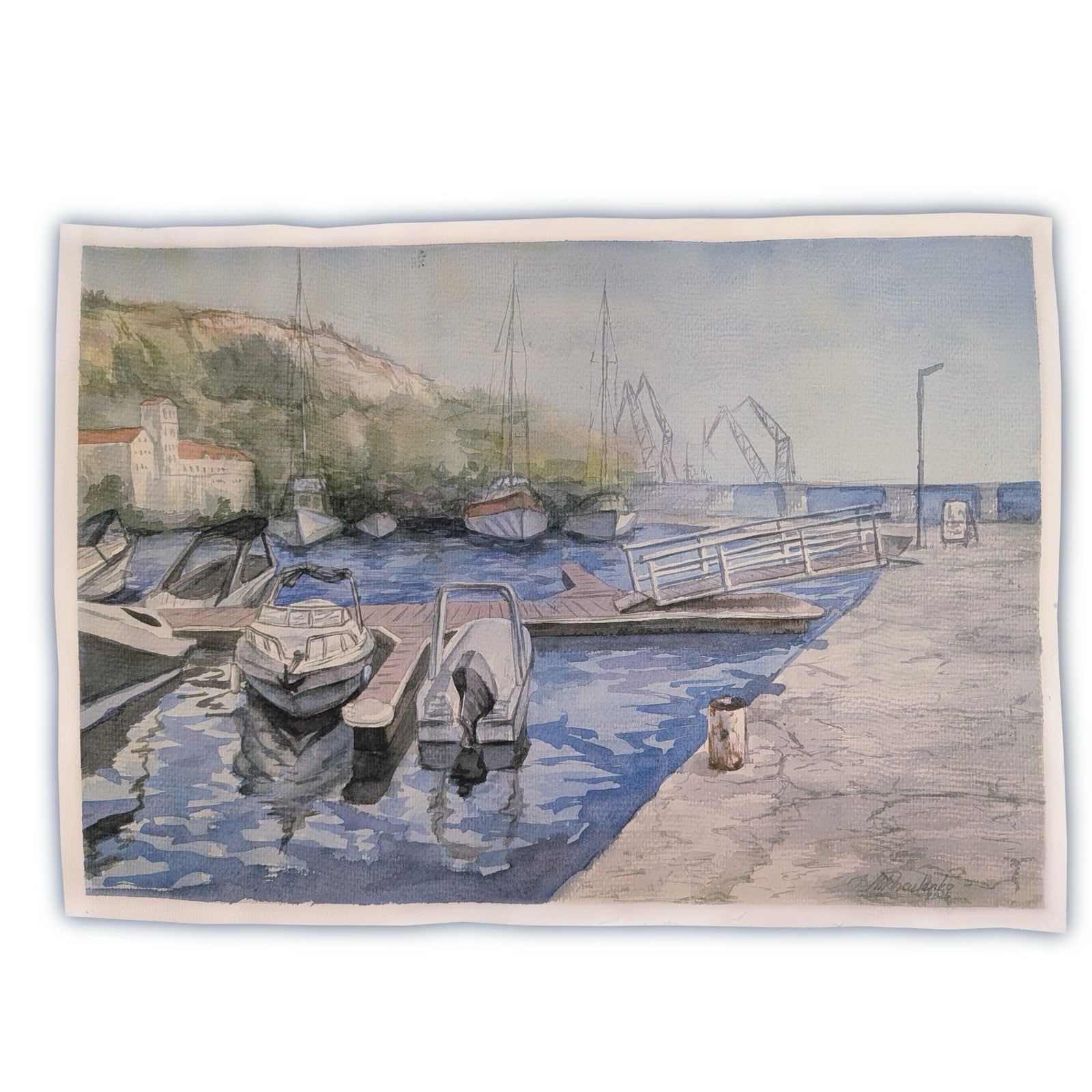 Maritime Landscape with Yacht Watercolour Painting Hand Painted 30x42cm
