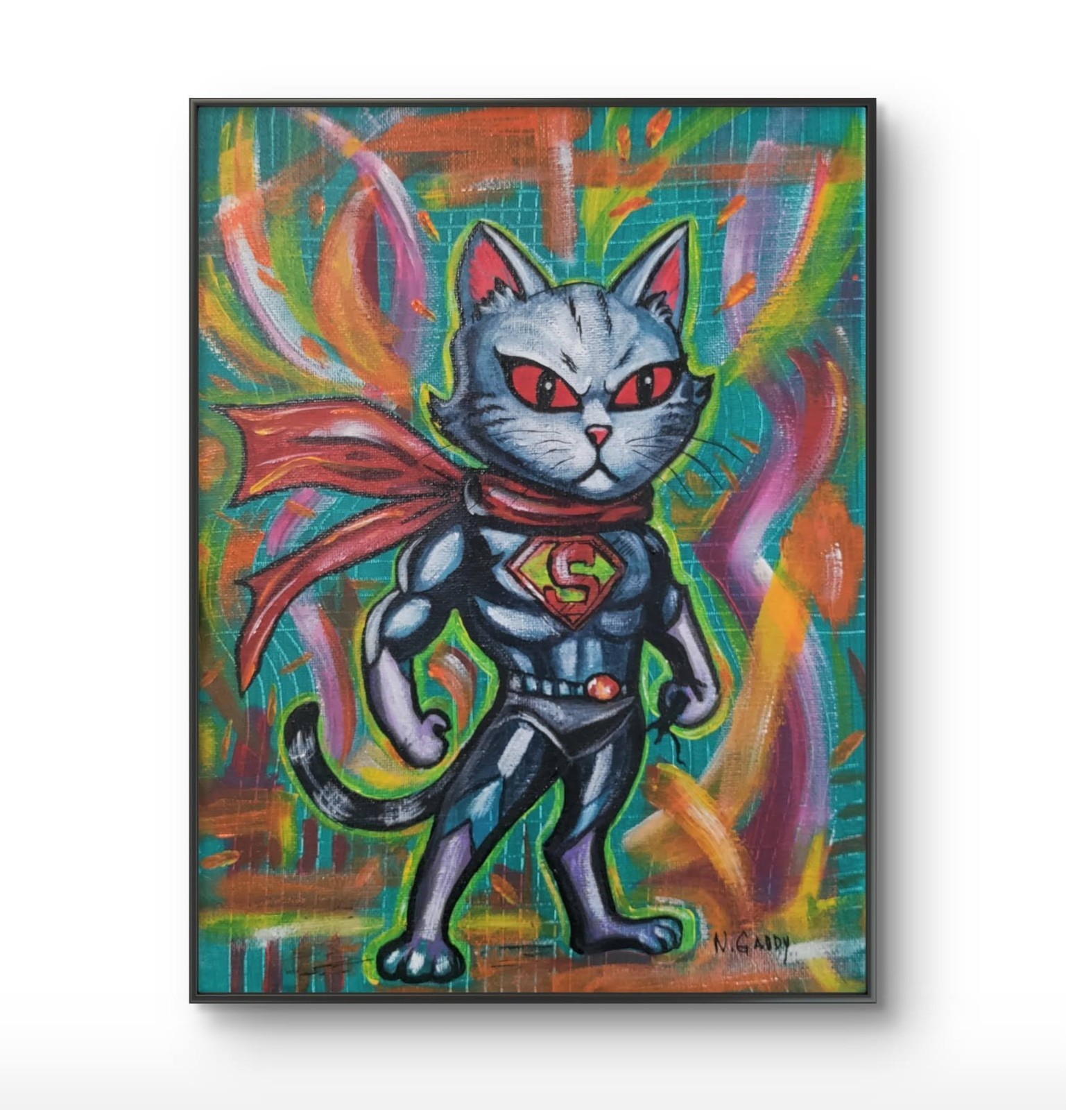 Original Expressionist Super Ultra Cat 9 x 12 Acrylic Canvas Art Painting