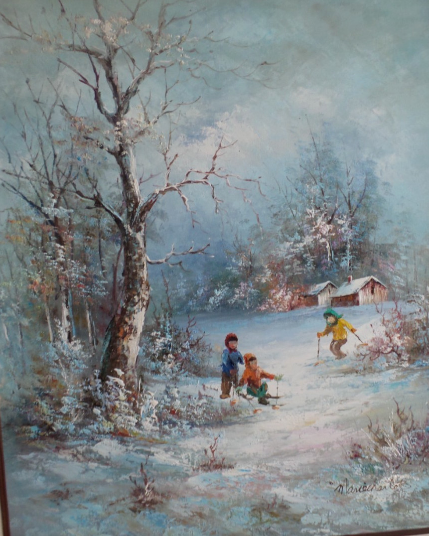 Original Oil Painting “Children Playing in the Snow” by Marie Charlote 28″x24″