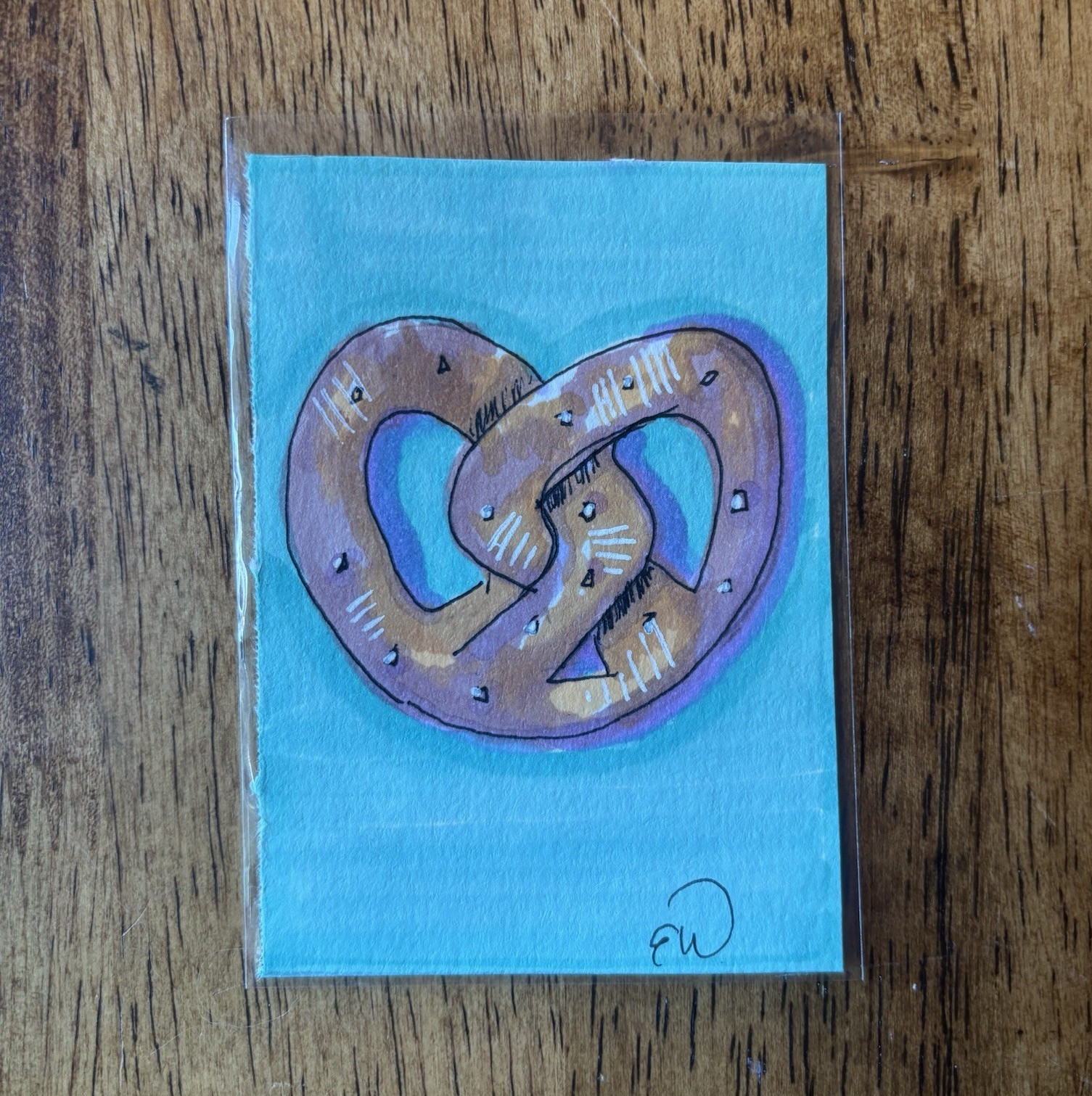 Original Pretzel ACEO Miniature Painting – Food Illustration Art on Paper Signed