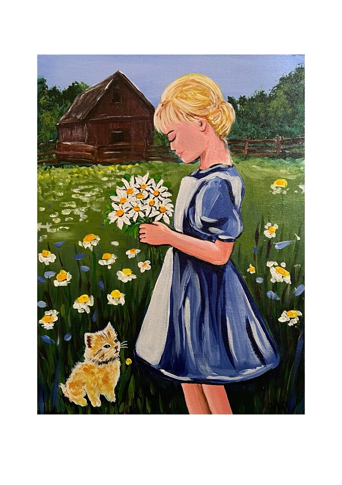 Original Folk Art Country Girl Daisies Barn Kitten Acrylic 12×16” Canvas Panel