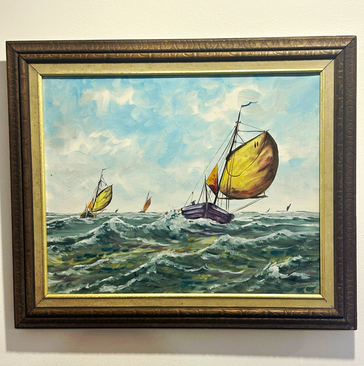 Vintage Framed Impressionist Sailboat Seascape Painting on Canvas, Nautical