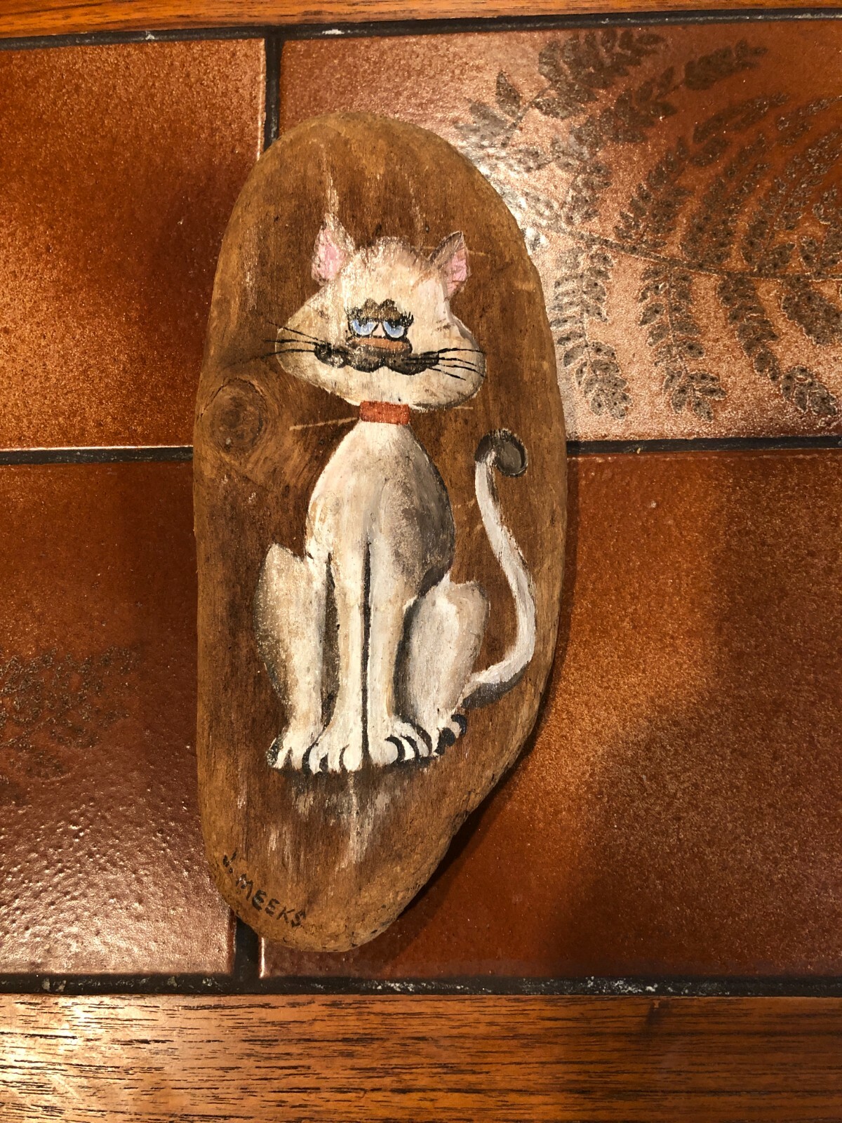J. Meeks Cat Original Oil Painting on Wood for Wall Hanging, Singed, 9 1/2″ Tall
