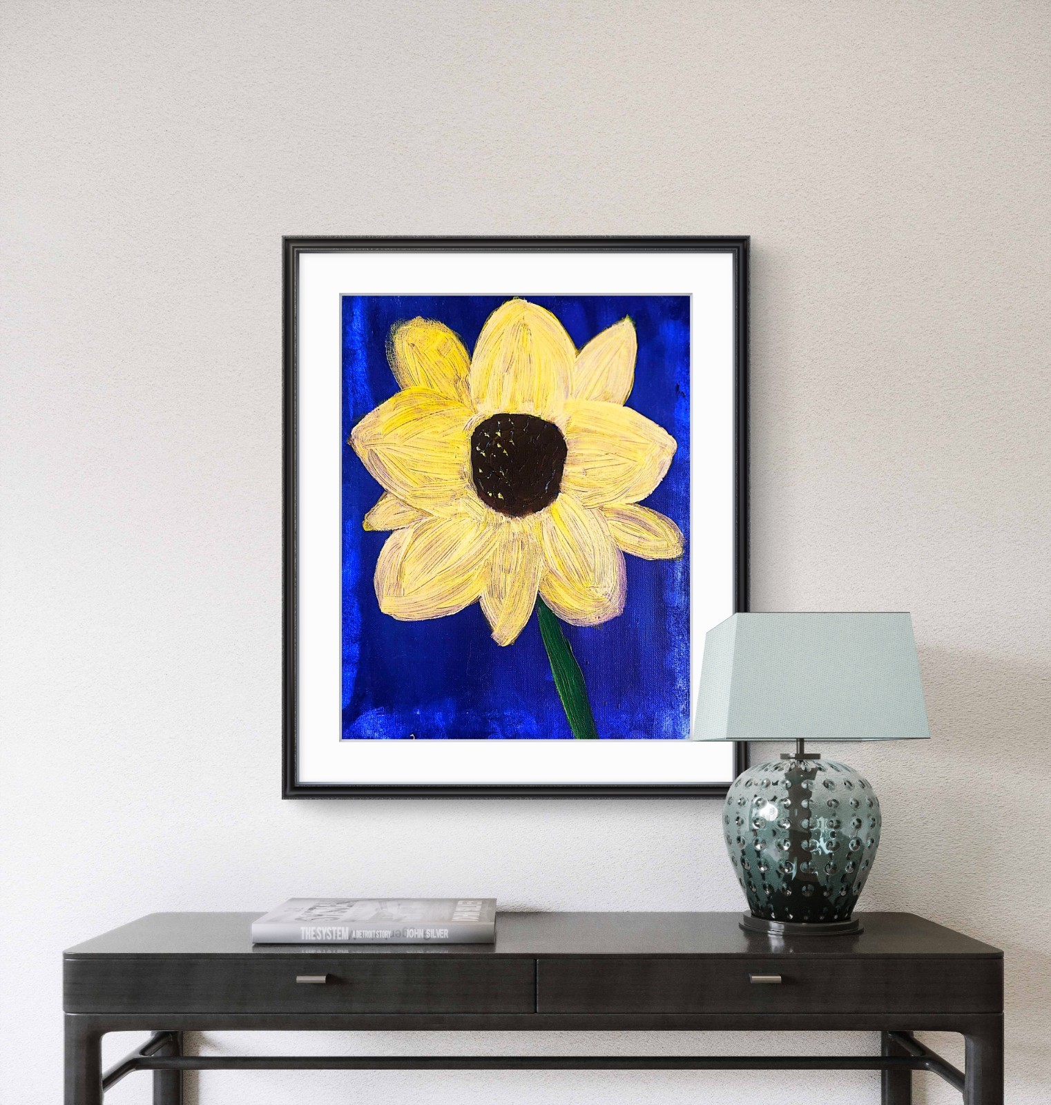 Yellow Flower Cobalt Backdrop Modern Expressionist Original Abstract Canvas