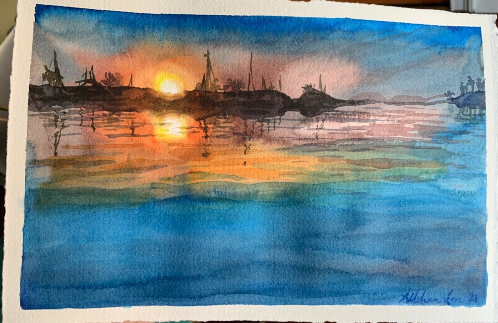 Original watercolor painting Sunset Seascape 12×8 boats marina nautical painting