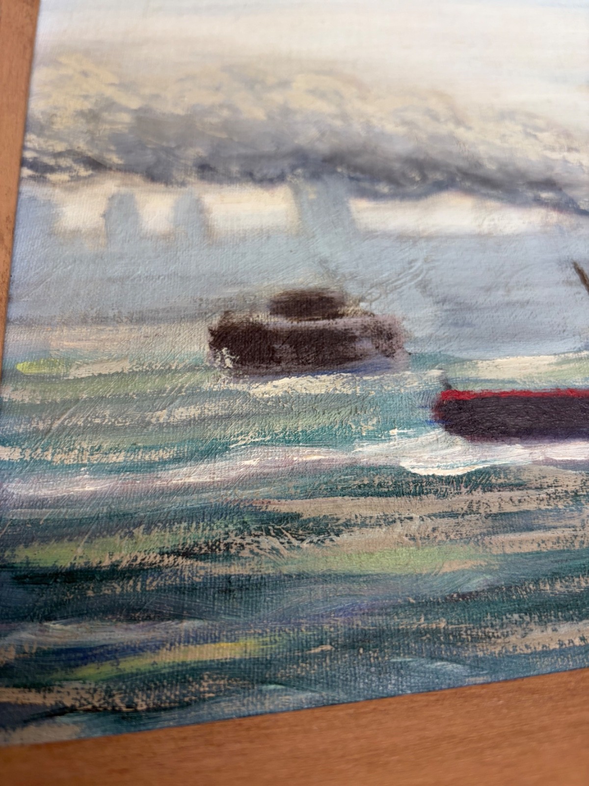 Vintage NYC Harbor Oil Painting Don Decker 1960s Twin Towers Tugboat Folk Art