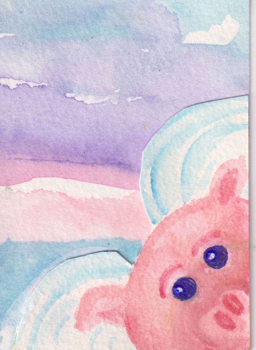 ACEO Flying Pig Collage Original Watercolor Painting Whimsical Fun