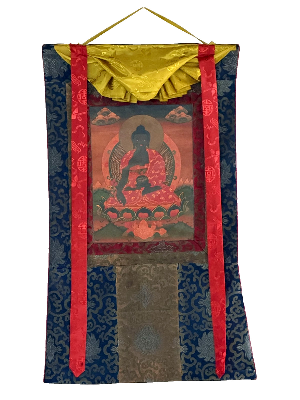 HAND- PAINTED MEDICINE BUDDHA TIBETAN THANGKA WITH SILK BROCADE- OIL VARNISHED