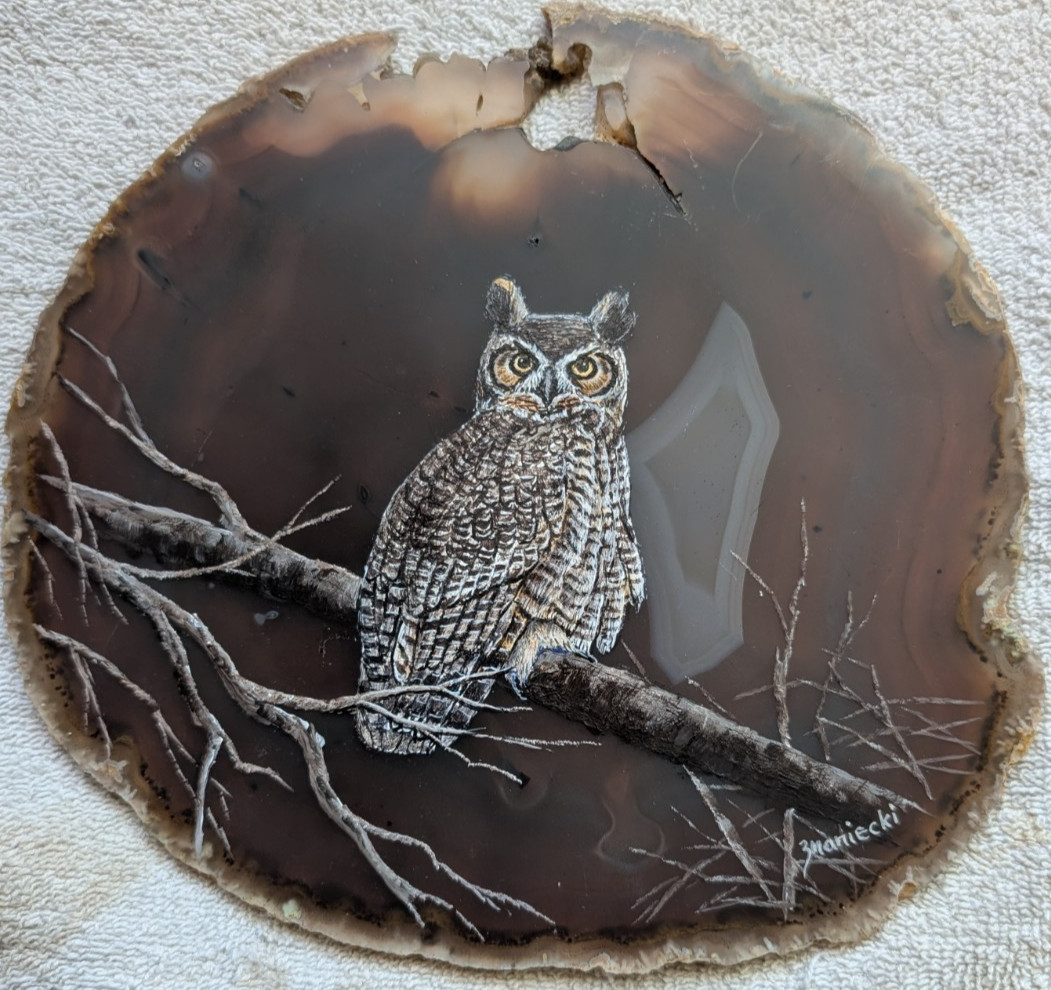 Anton J. Znaniecki (b. 1942) Original Oil/ agate slice/ Great horned owl