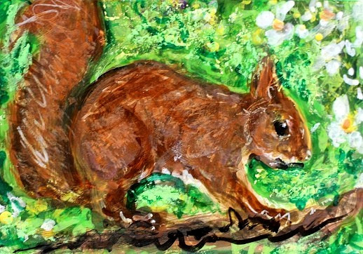 ORIGINAL ACEO Painting Red Squirrel Spring Wild Animal Landscape Flower ATC ART