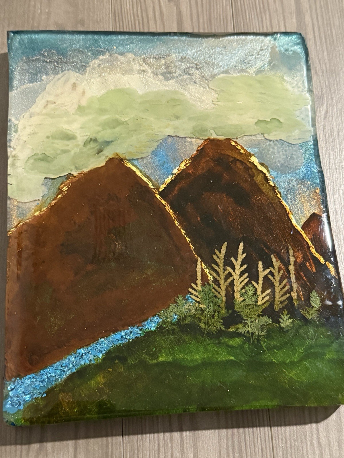 Mountain Scene Painting Resin Coated On Wood Base