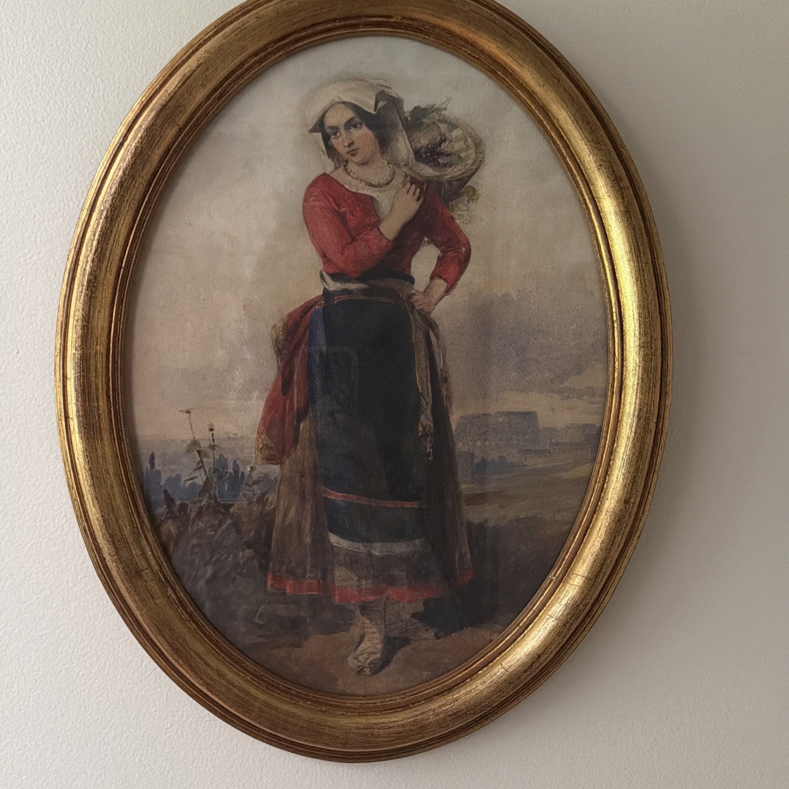 Antique Painting A Girl In A Vineyard Watercolor 1890. Italian.