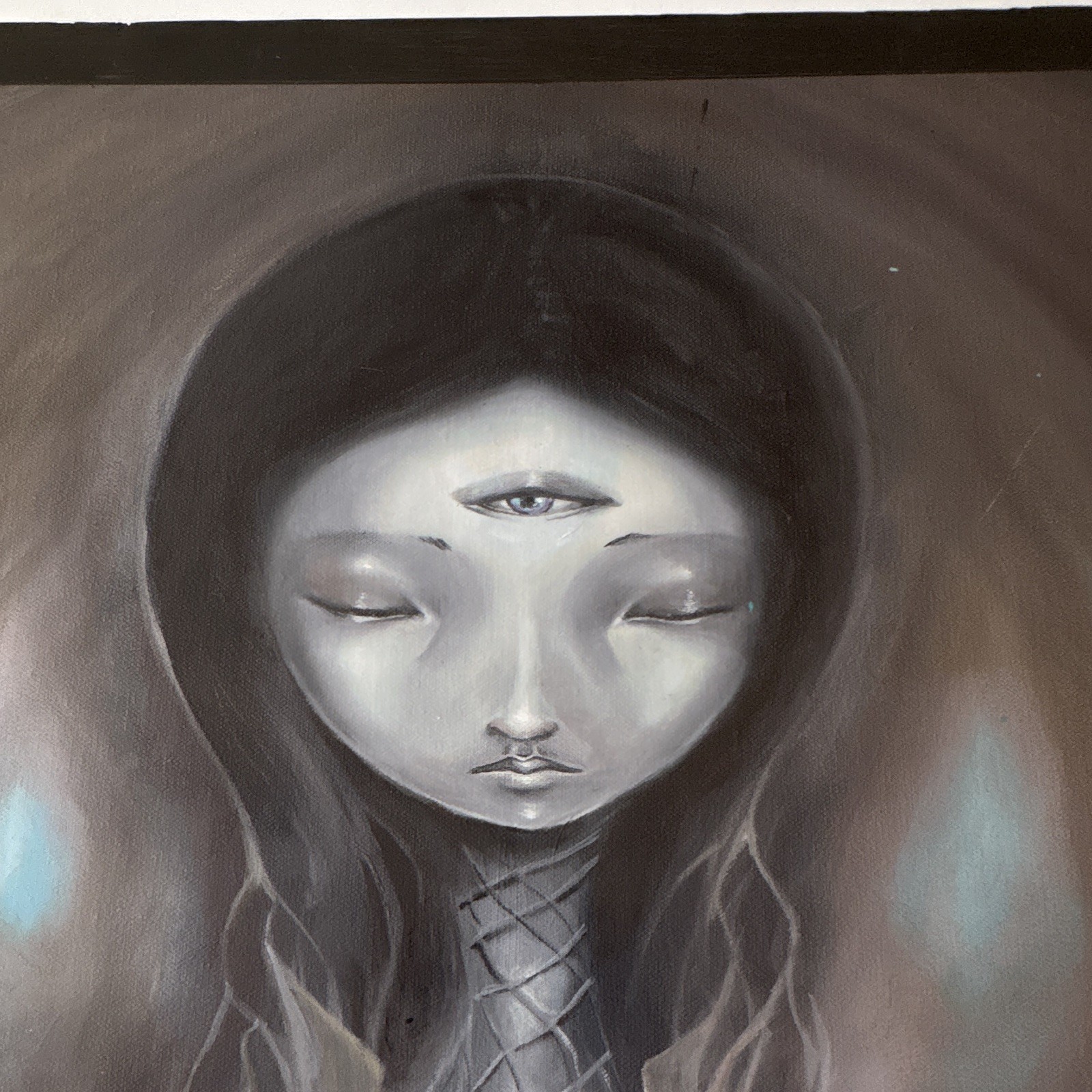 Jeff Logan Style Signed Surreal Canvas 3 Eyes Woman 20×24 Wood Panel