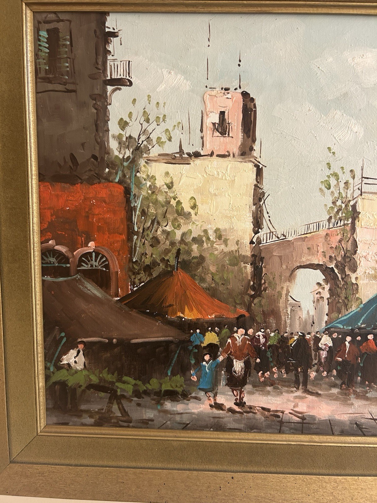 Signed Framed Impressionist Oil on Canvas City Street Market Scene 12×16