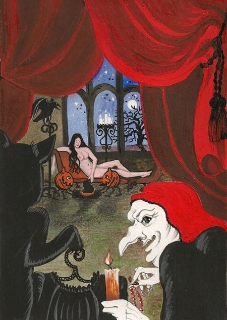 PRINT OF PAINTING RYTA WITCH BLACK CAT HALLOWEEN Nude Salem Aceo folk art horror