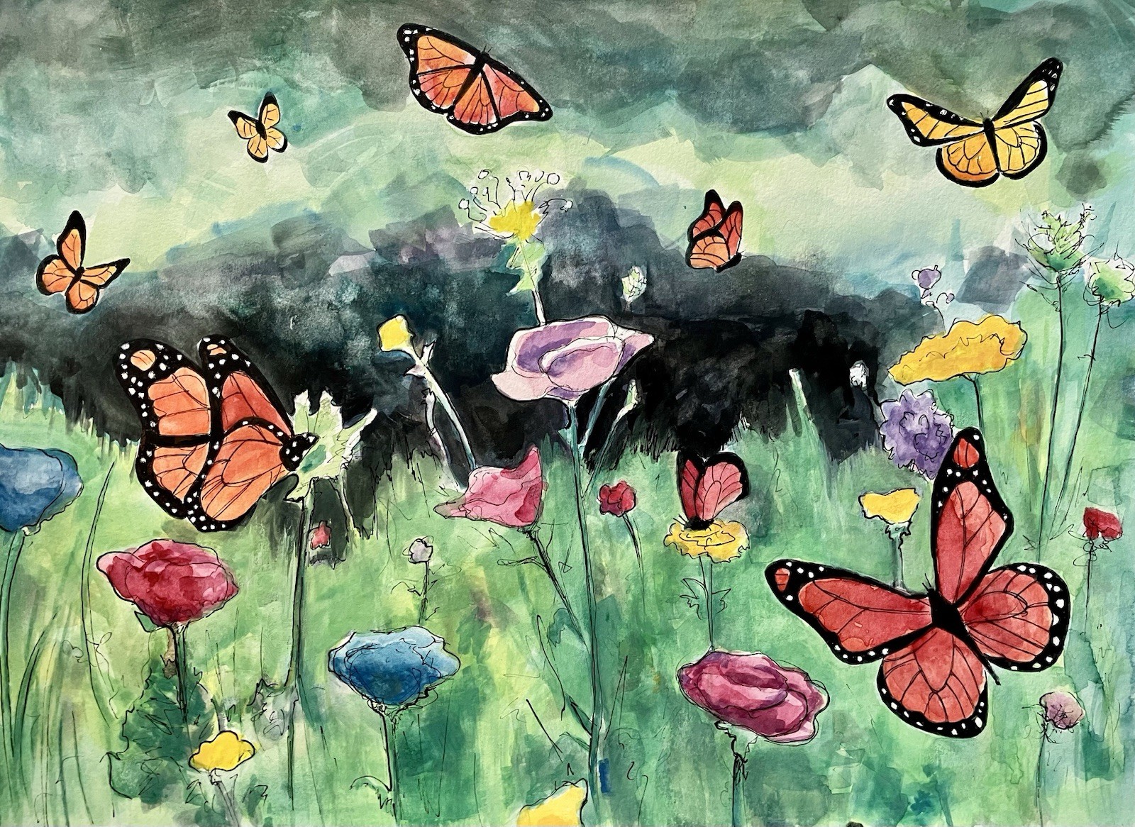“The Butterfly Garden” Original Watercolor Painting by Remy Koufax 11×15 Inches