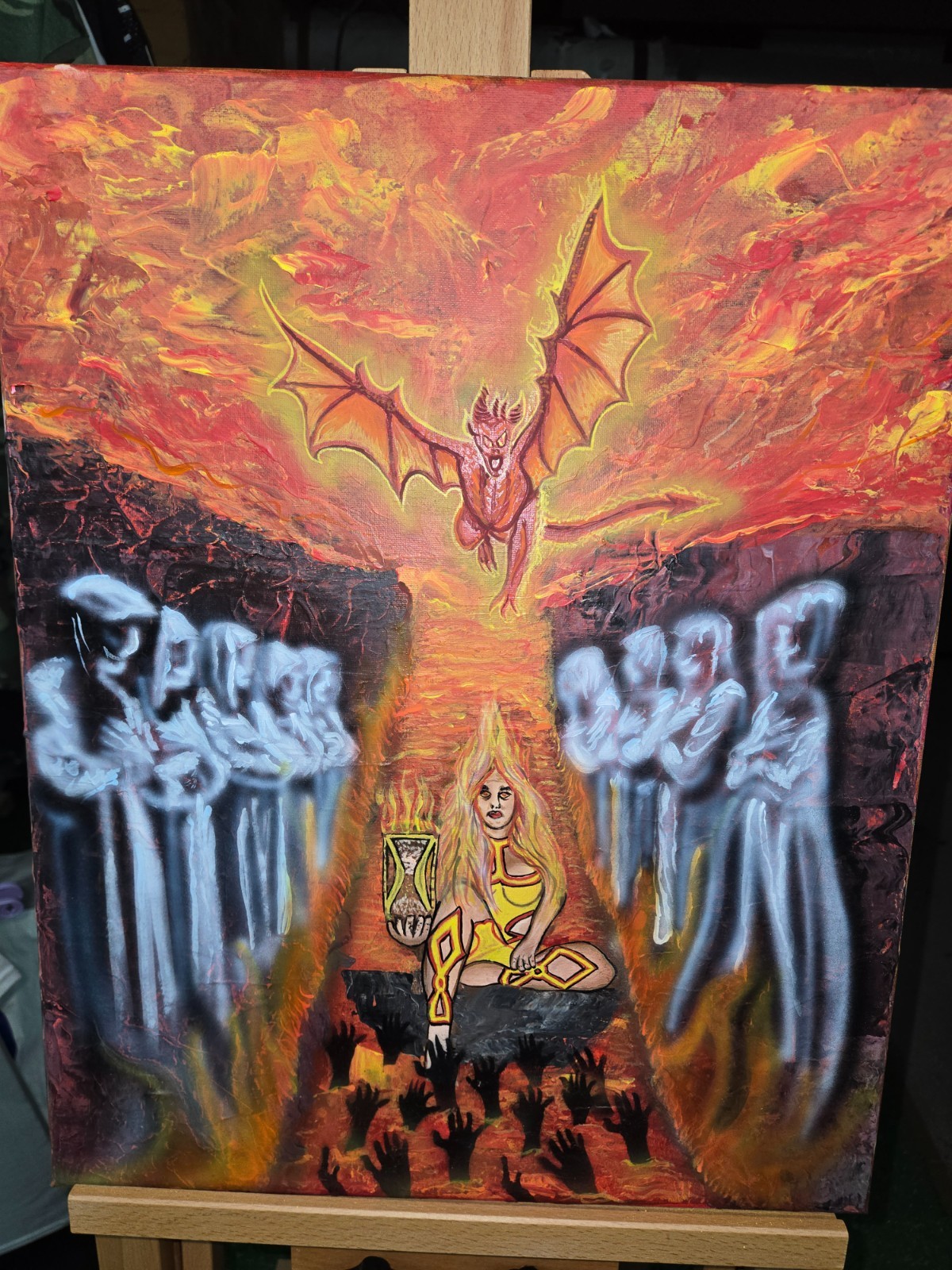 paintings on canvas, 16×20 and 20×20 on wood canvas. all are acrylic based.