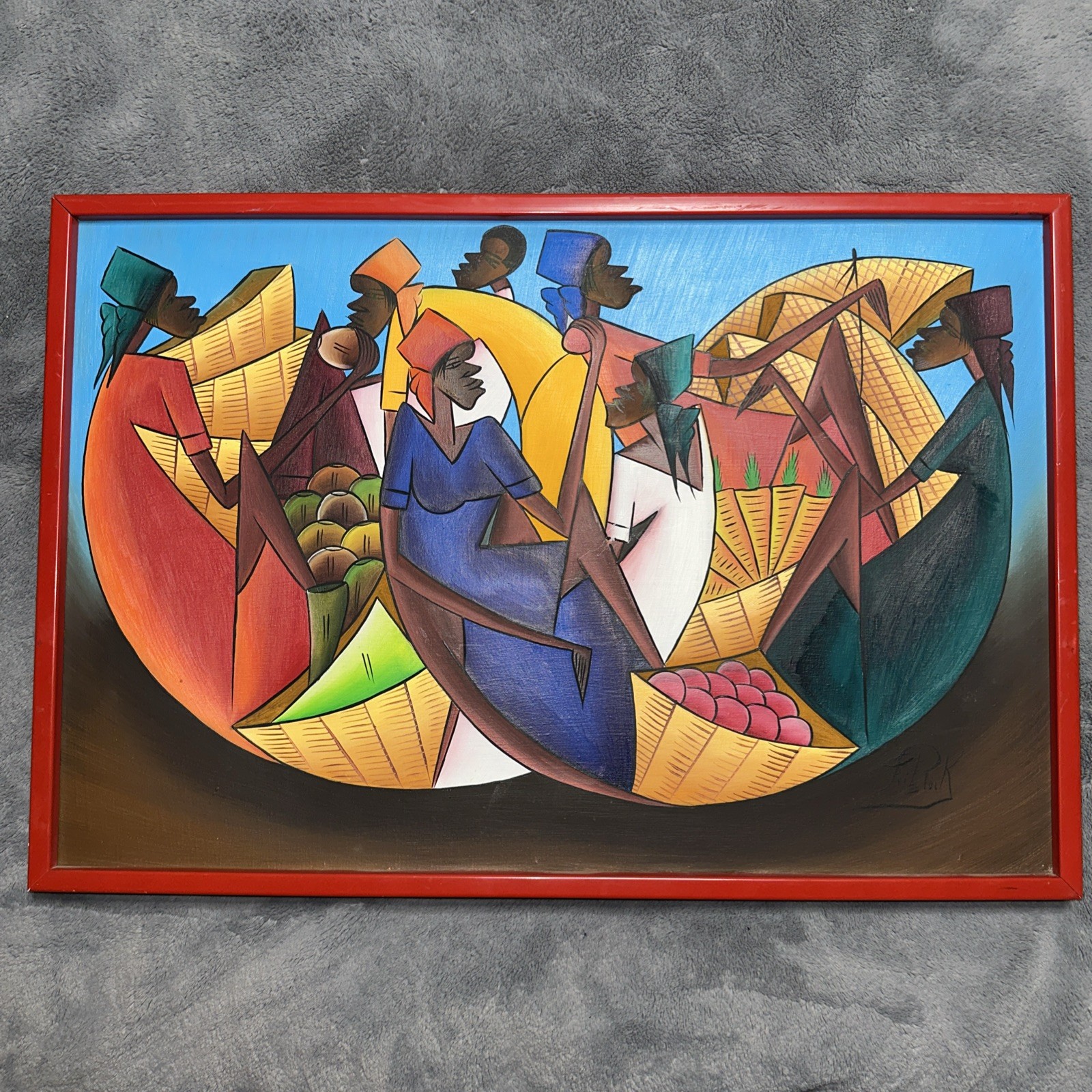 Haitian Artist Fritz Rock Signed Oil Painting on Canvas Haiti Market Scene 24×16