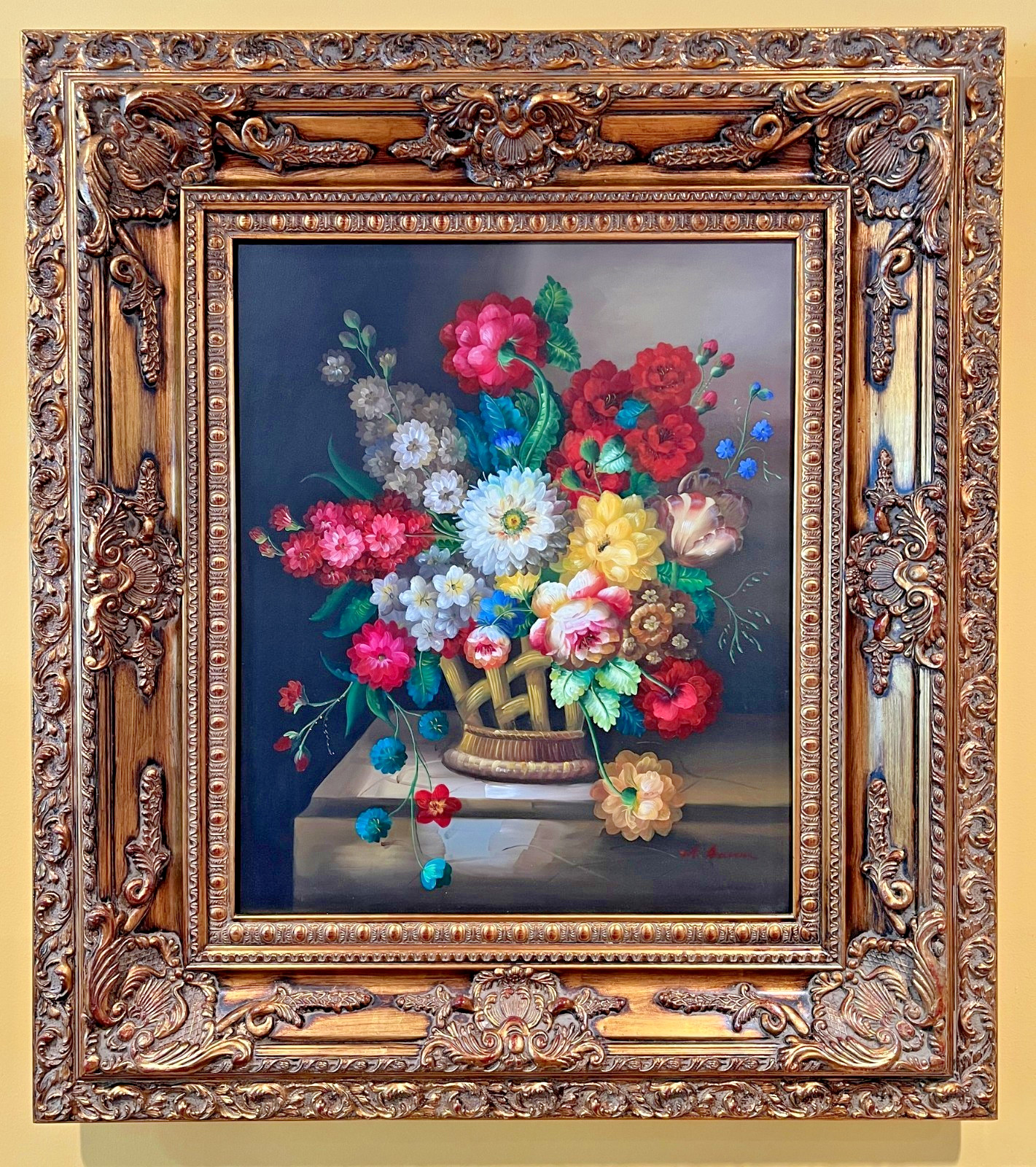 VTG LARGE FRAMED ORIGINAL M. AARON OIL PAINTING FLOWERS IN VASE 37×33 -MINT!