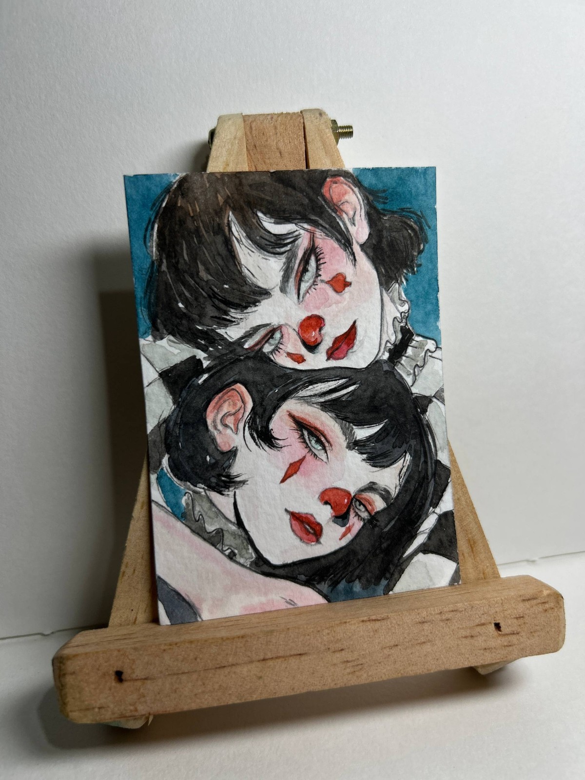 Gothic Clown Girls Original ACEO Watercolor Miniature OOAK Art