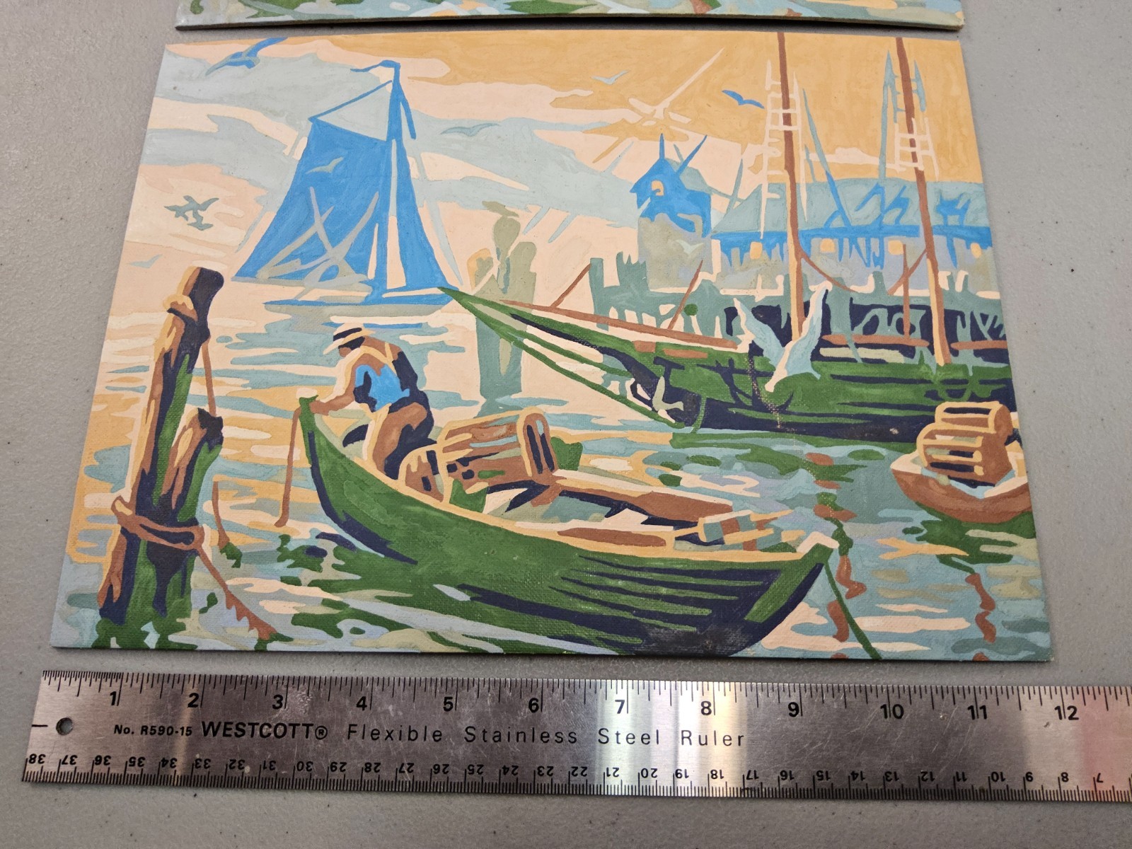Vintage Paint By Number Nautical Harbor Scene Pair MCM Coastal Sailboat Unframed
