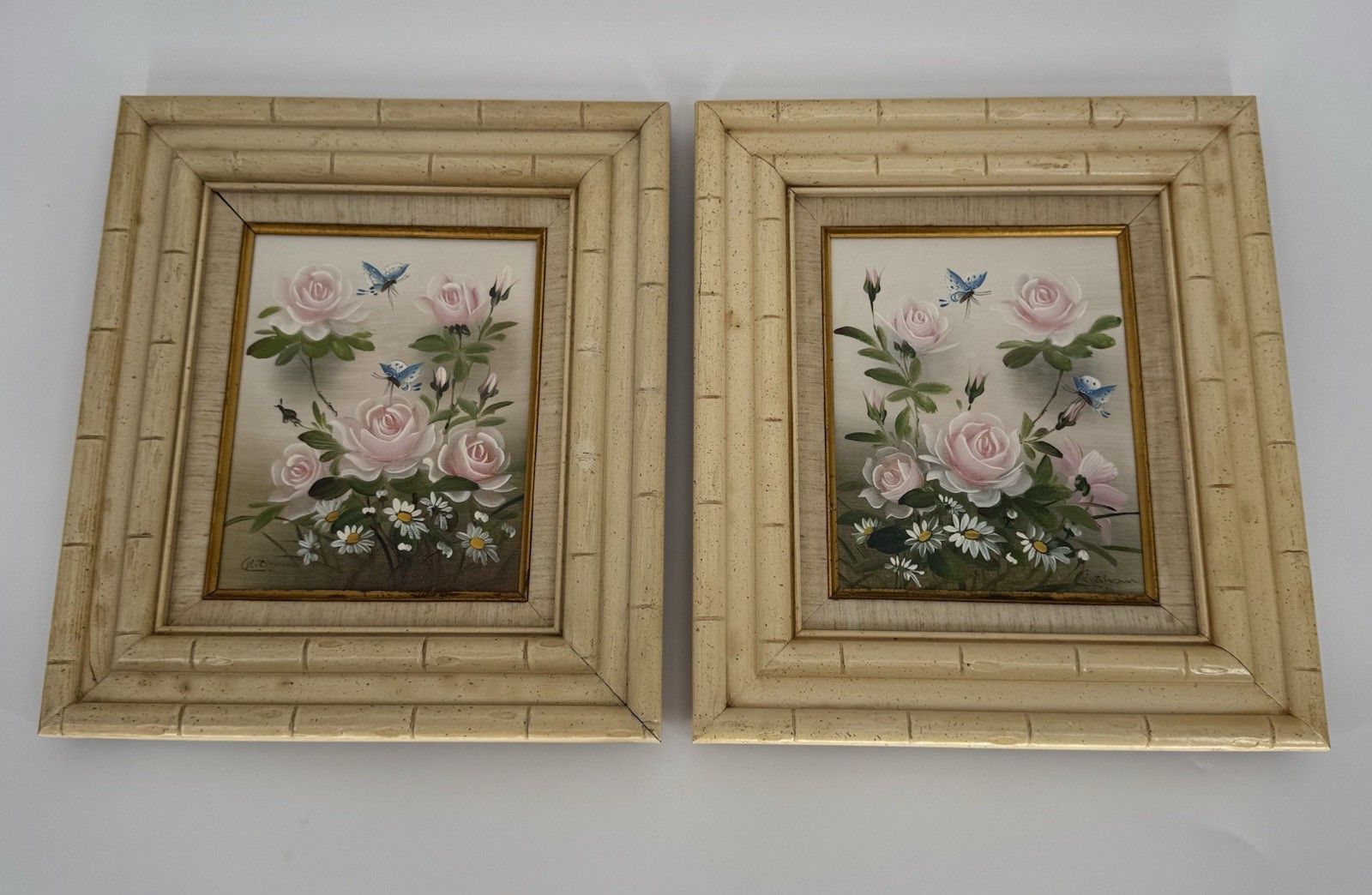 CK Chan/Zhan Original Asian Orient Art Butterfly & Flowers Oil Canvas Framed Set