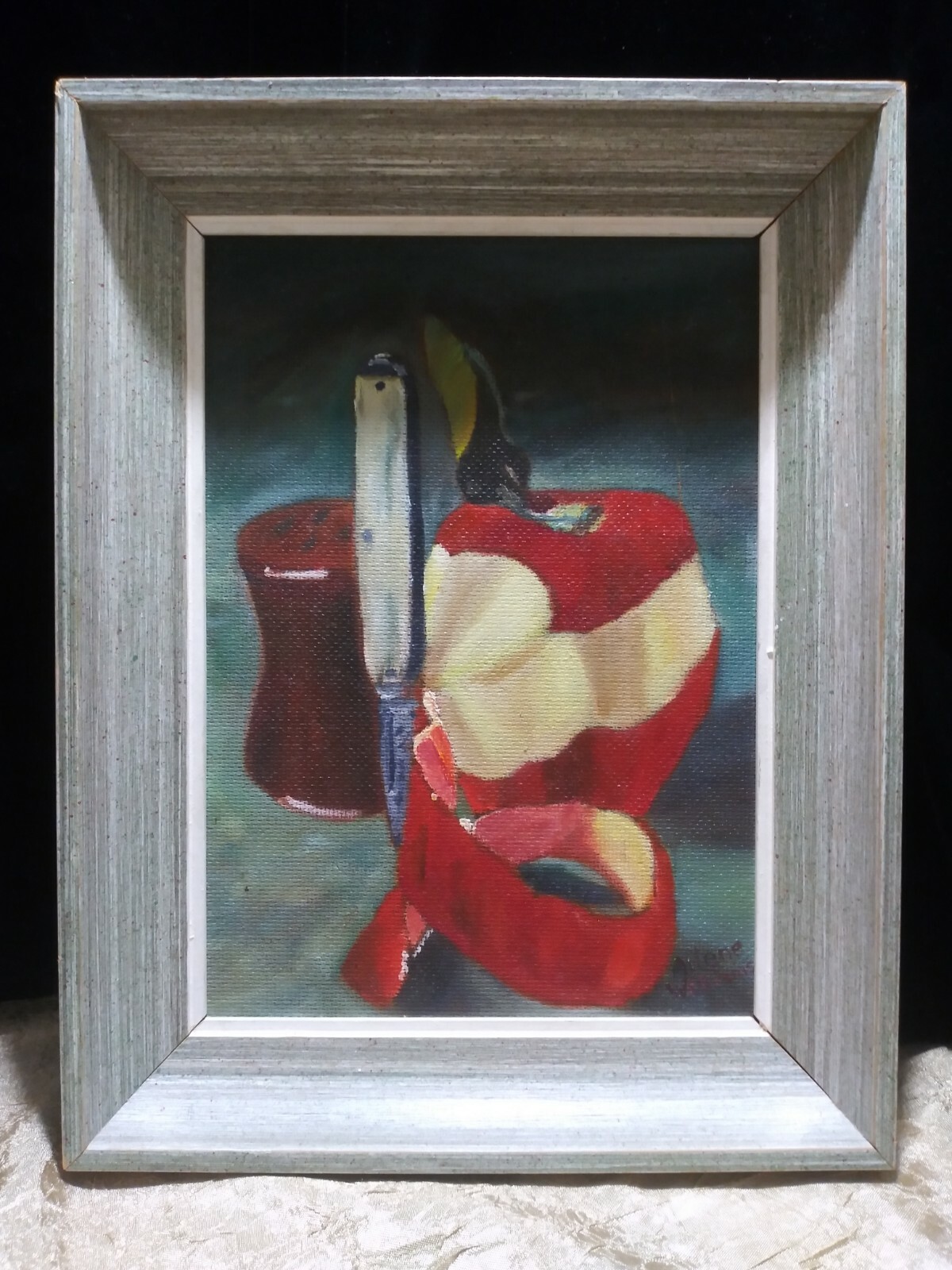 NICE FRAMED APPLE PEELING STILL LIFE PAINTING SIGNED 10.5″ X 13.5″