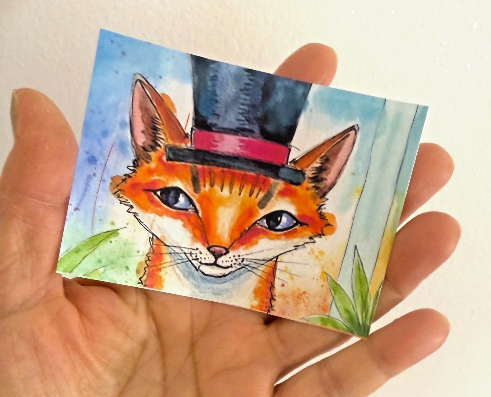 Original Fox ACEO Watercolor Painting Top Hat OOAK Mini Art