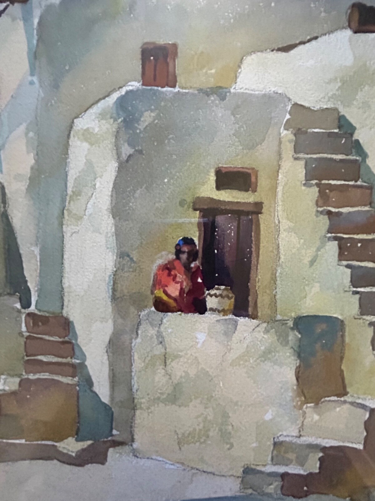 Large John Cuthbert Hare American Watercolor Painting Pueblo ca. 1930s Untitled