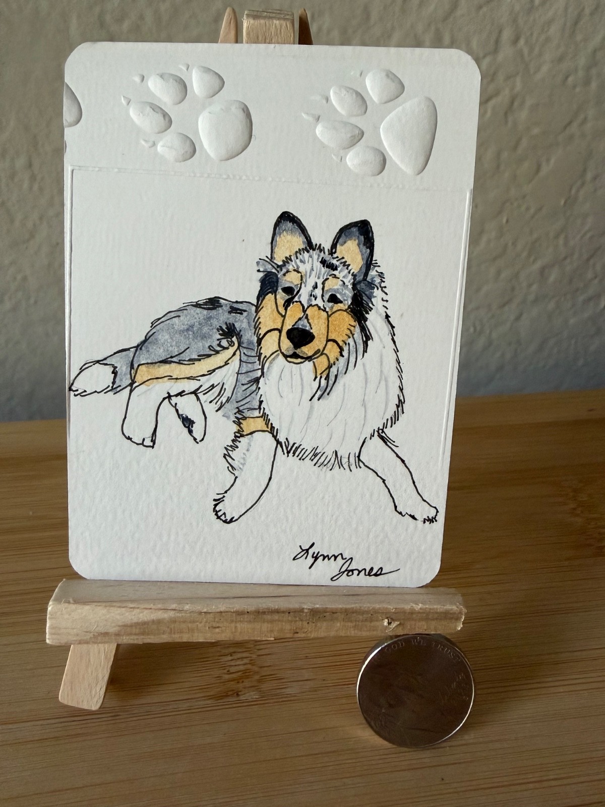 ACEO Original Blue Merle Collie Dog 2.5 x 3.5 inches gray white tan