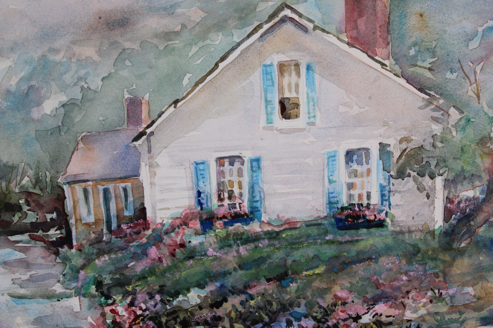 Lorretta Brown Cottage Garden Scene Watercolor Painting Signed Large Watercolor