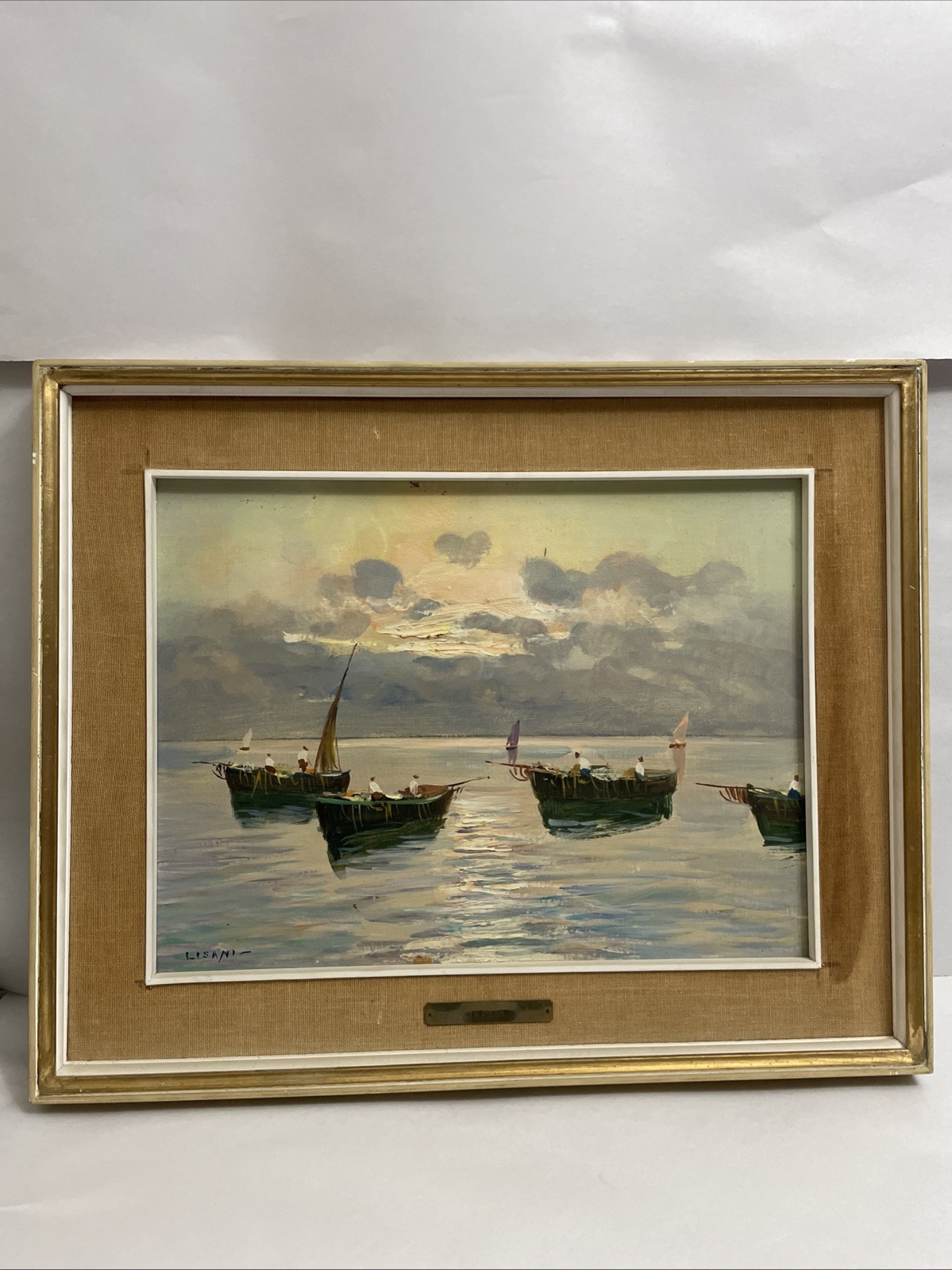 Vintage Lisani Signed Seascape Oil Painting Fishing Boats Sunset Framed 20×16⁠