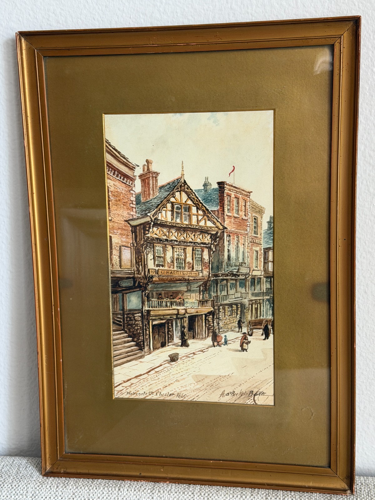 19thC Antique British Original Watercolor Painting signed framed Townscape 1860