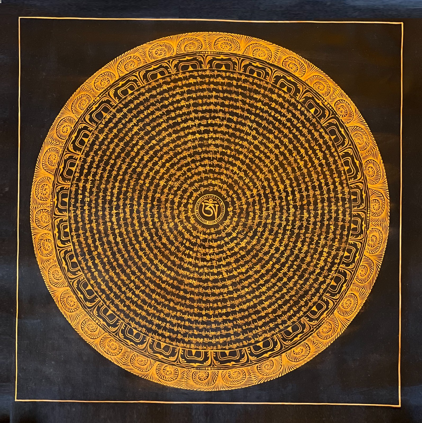 OM MANI PADME HUM MANTRA MANDALA- BLACK & GOLD TIBETAN THANGKA PAINTING