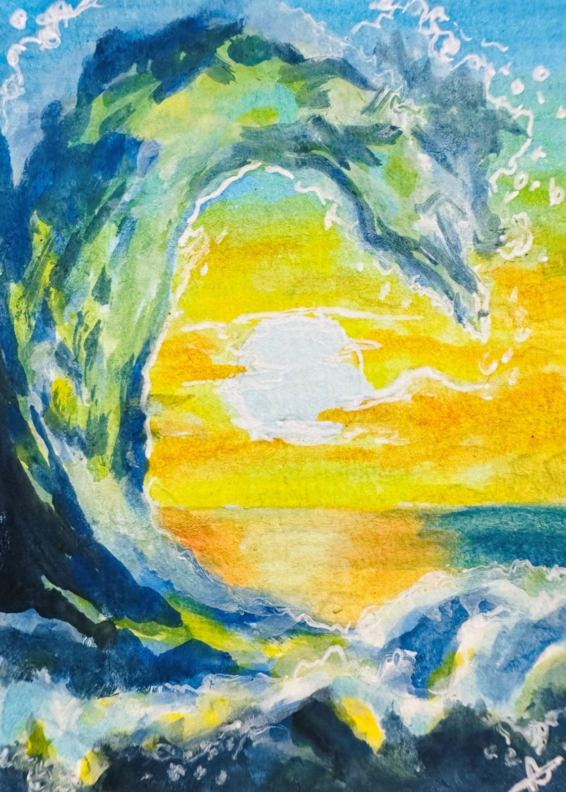 Ocean Wave Sunset ACEO Original Watercolor Painting Seascape Coastal Sky Sun Art
