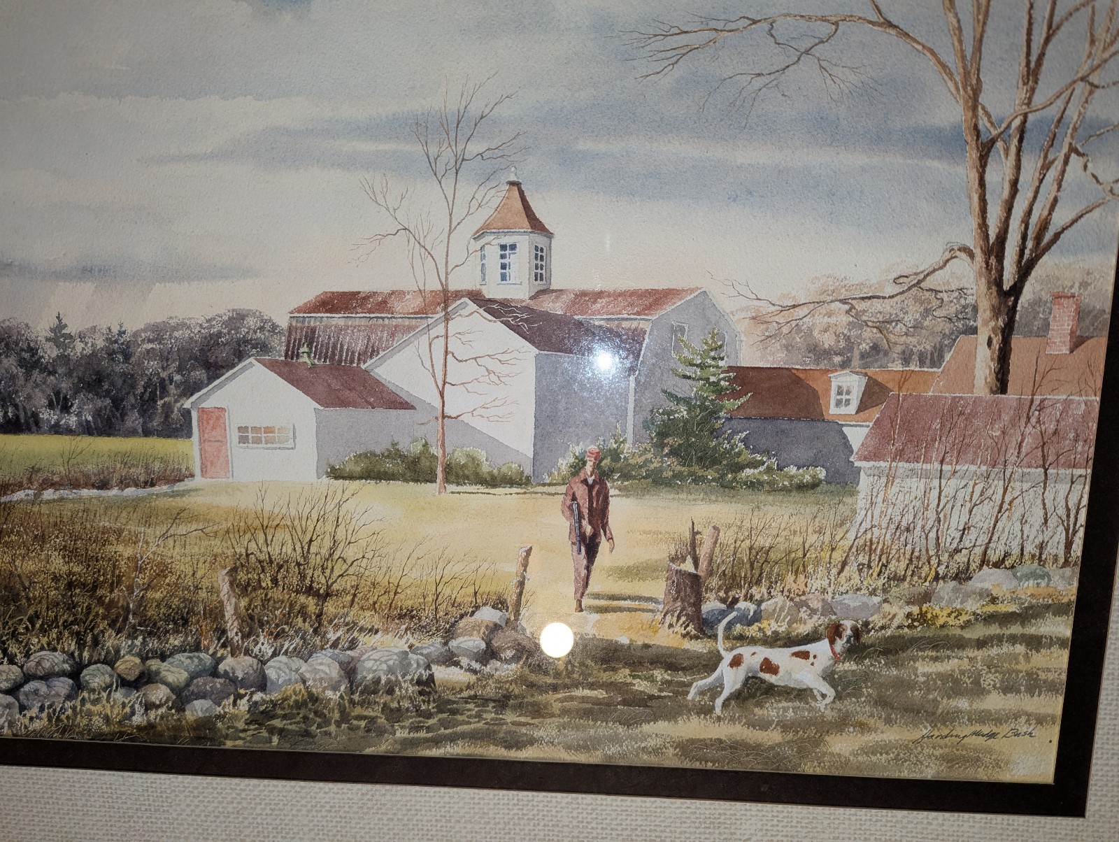 Vintage Harding Mudge Bush Watercolor Painting Landscape Farm Dog Hunting Guns